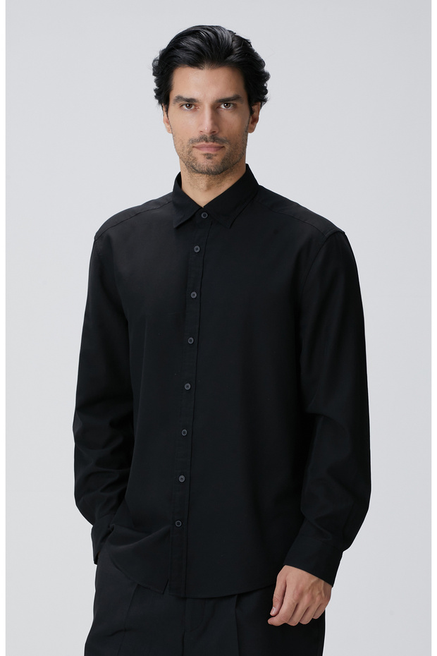 Siyah Yün Karışımlı Gömlek - 4