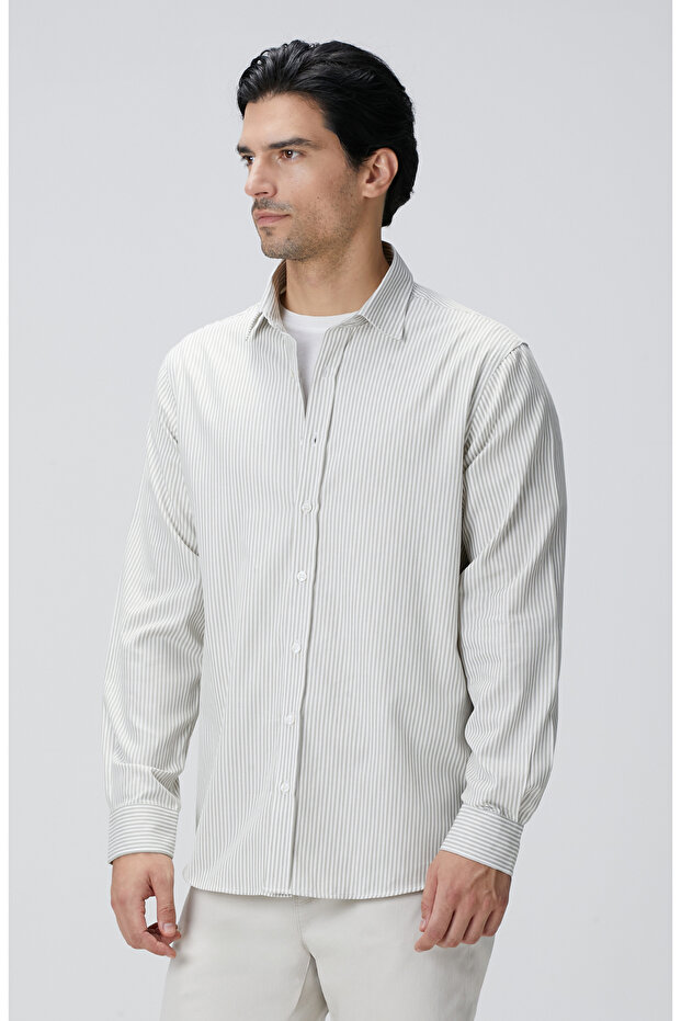 Bej Çizgi Desenli Gömlek - 4