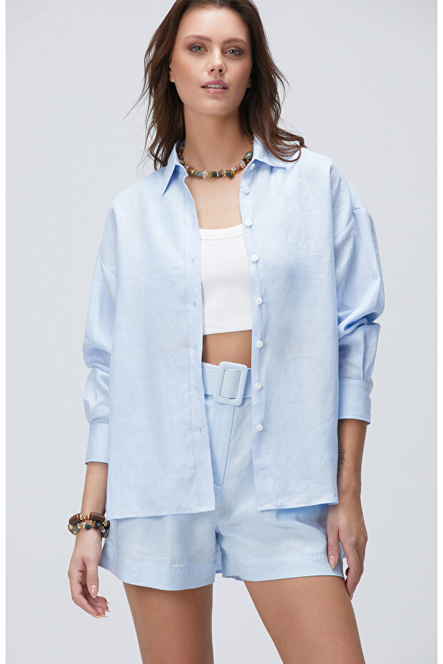 Açık Mavi Keten Gömlek - 5
