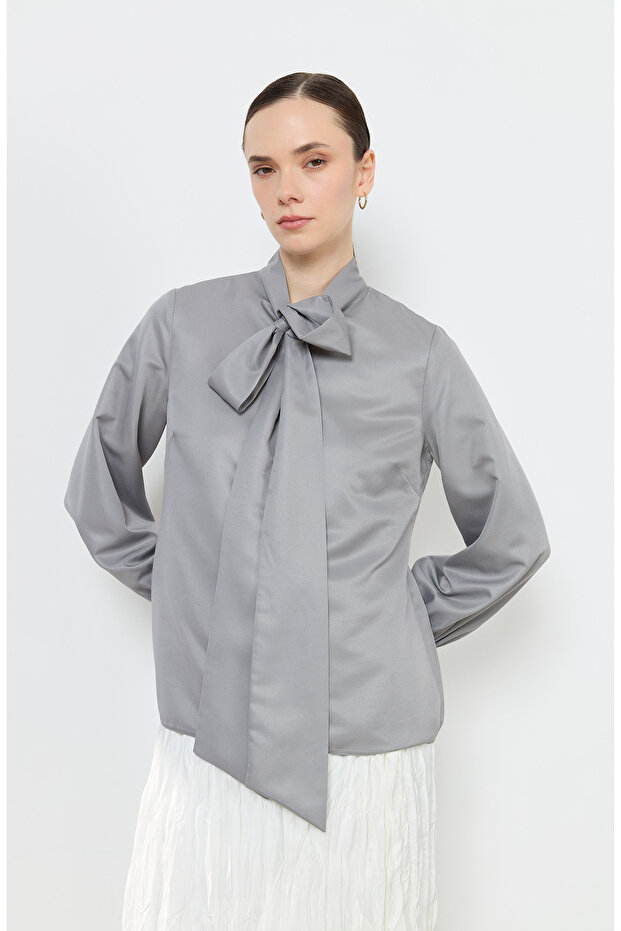 Fiyonklu Basic Gömlek Gri - 2