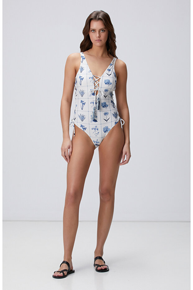 Ekru Çiçek Desenli Mayo - 3