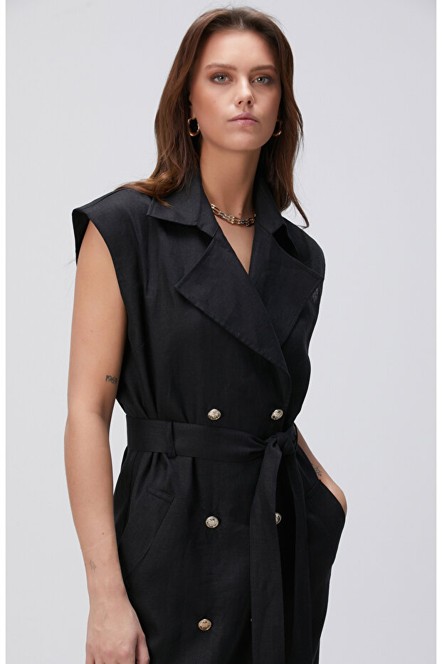 Siyah Maxi Keten Elbise - 2