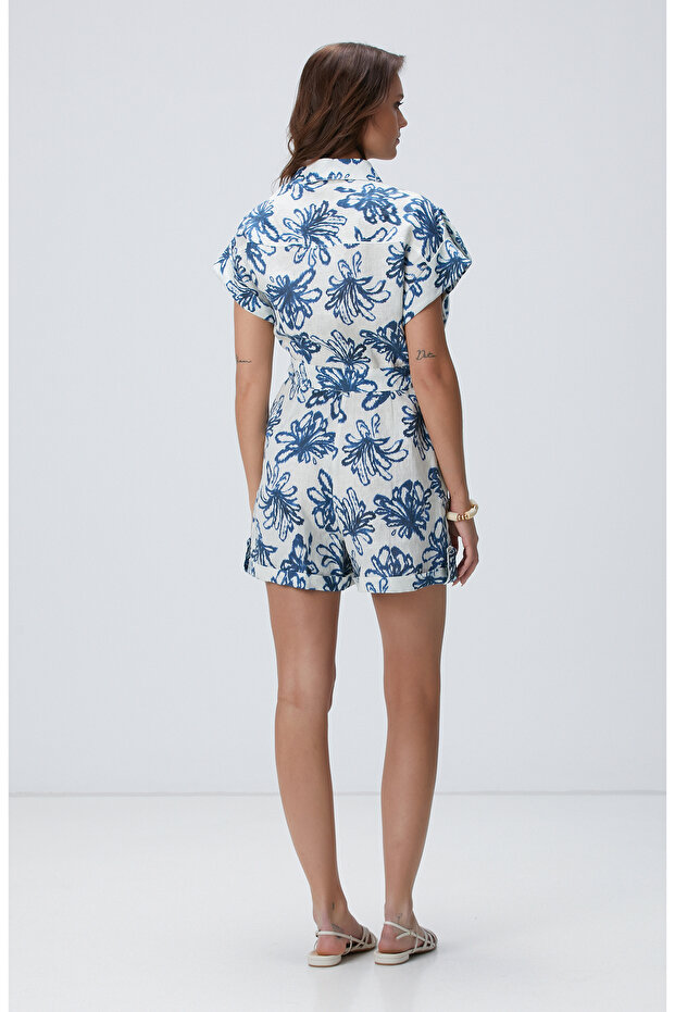 Mavi Desenli Keten Tulum - 5