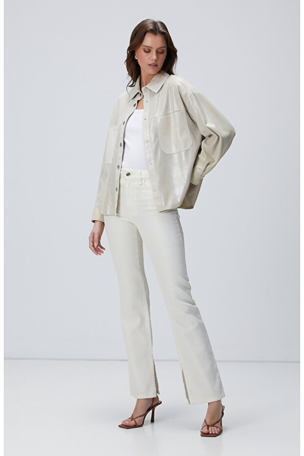 Ekru Simli Denim Pantolon - 1