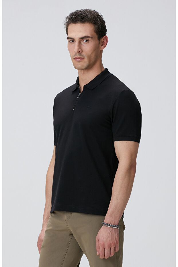 Siyah Polo Yaka Örme T-shirt - 4