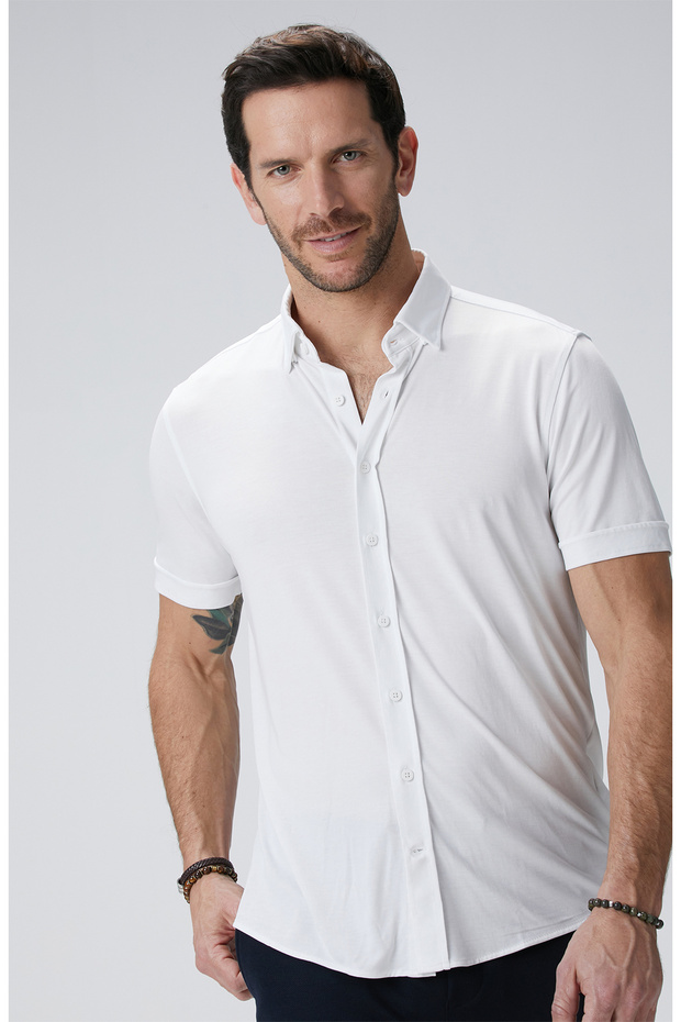 Beyaz Kısa Kol Örme Gömlek - 1