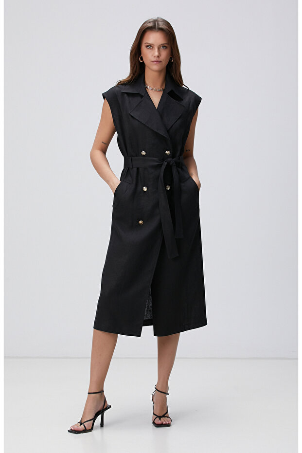 Siyah Maxi Keten Elbise - 4