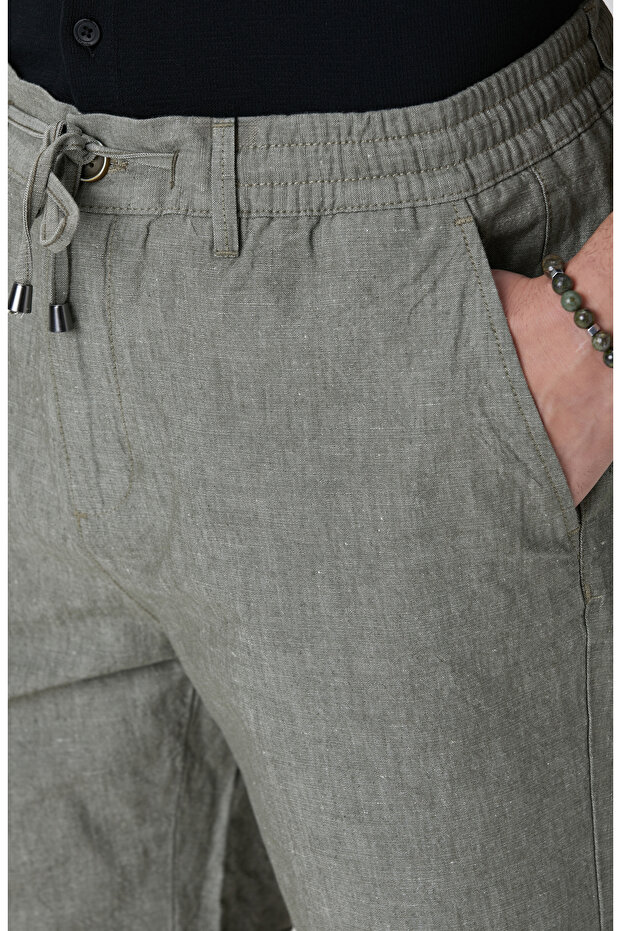 Haki Keten Karışımlı Şort - 4