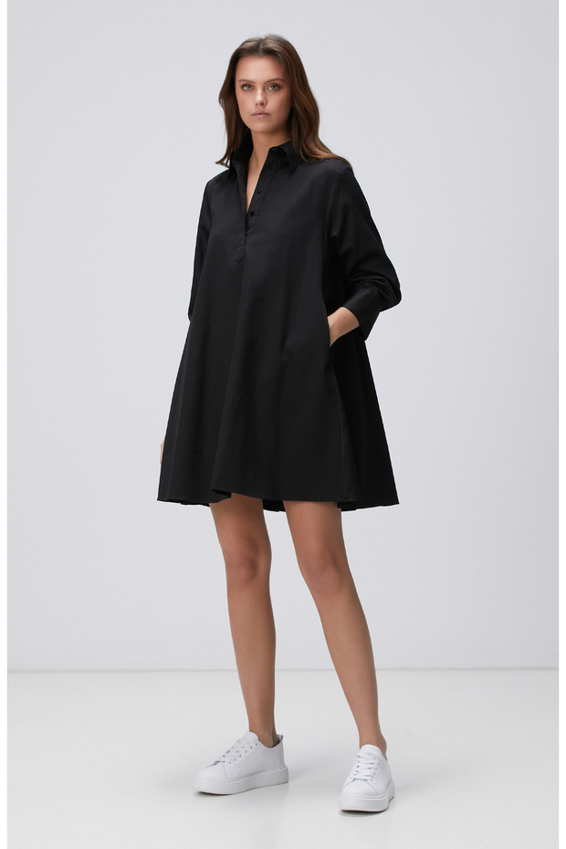 Siyah Mini Gömlek Elbise - 1