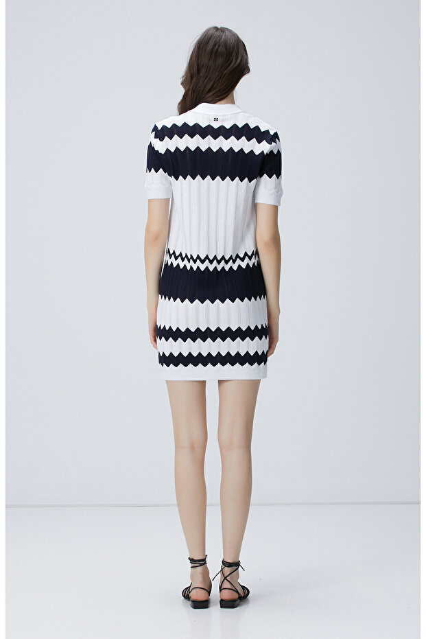 Lacivert Beyaz Midi Elbise - 5