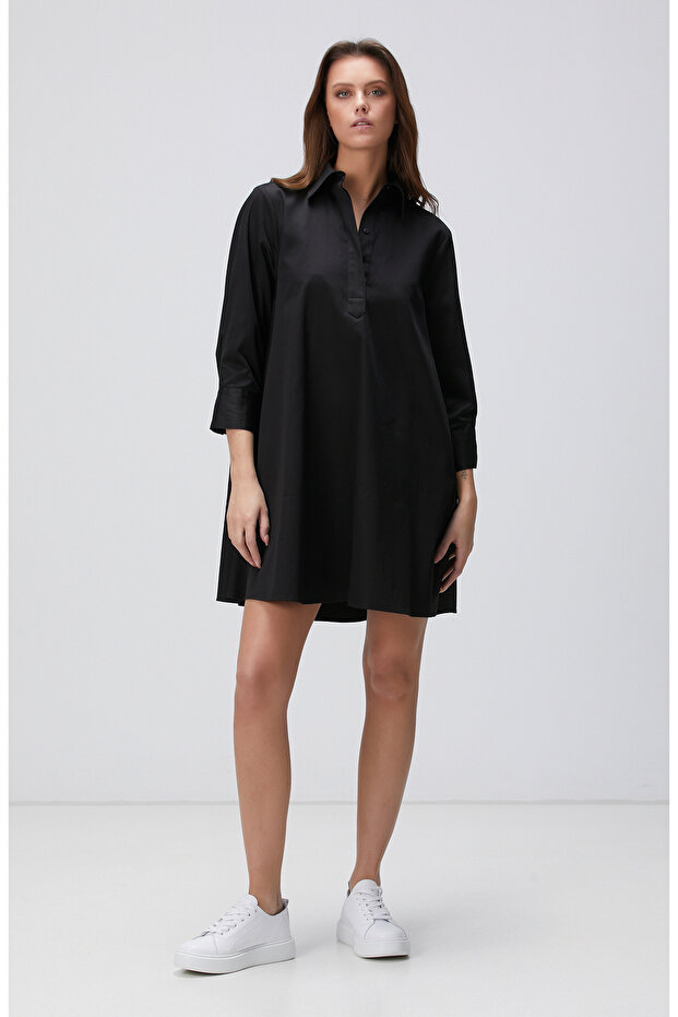 Siyah Mini Gömlek Elbise - 3