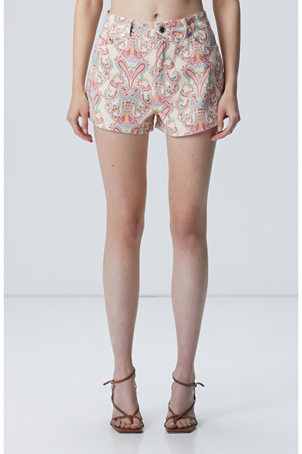 Bej Desenli Denim Şort - 2