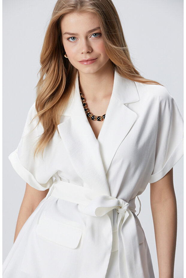 Beyaz Beli Kuşaklı Ceket - 2