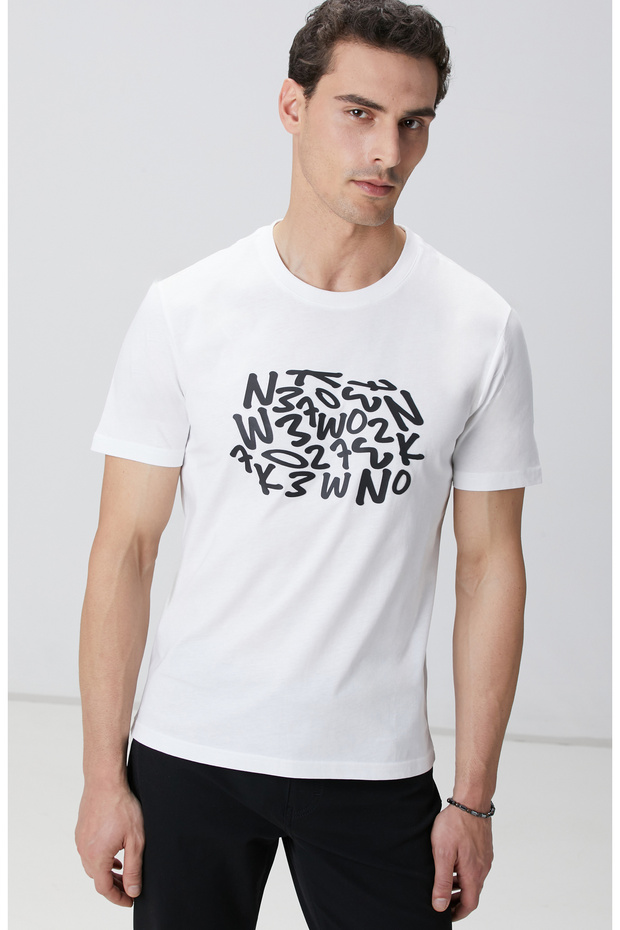 Kırık Beyaz Network Baskılı Örme T-shirt - 2