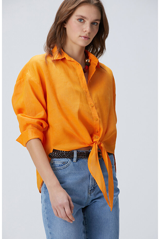 Turuncu Keten Gömlek - 4
