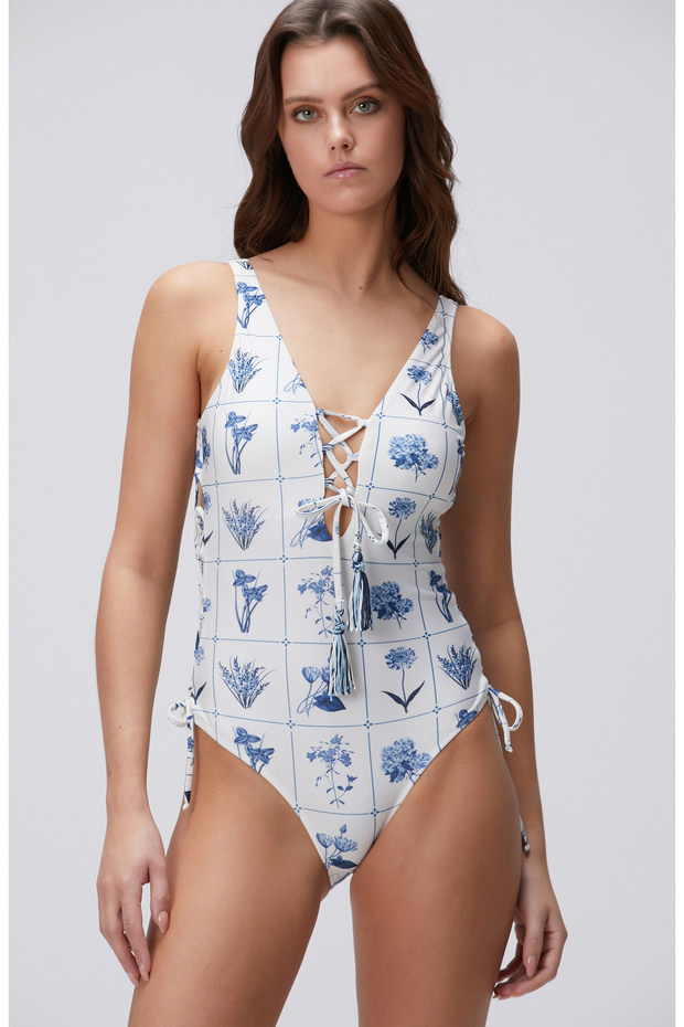 Ekru Çiçek Desenli Mayo - 4