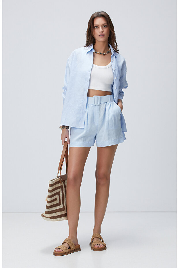 Açık Mavi Keten Gömlek - 3