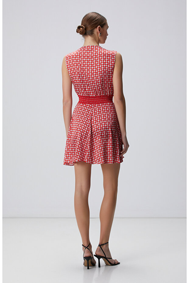 Kırmızı Desenli Mini Elbise - 6