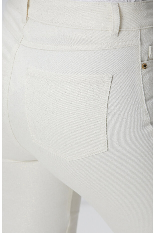 Ekru Simli Denim Pantolon - 5