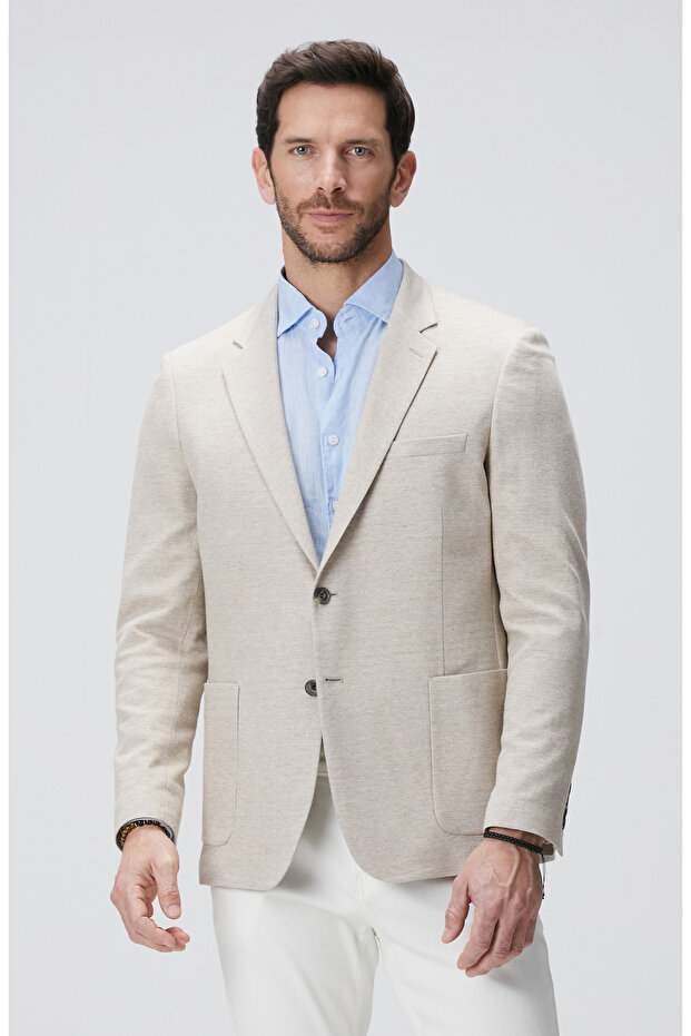 Bej Keten Karışımlı Örme Ceket - 1