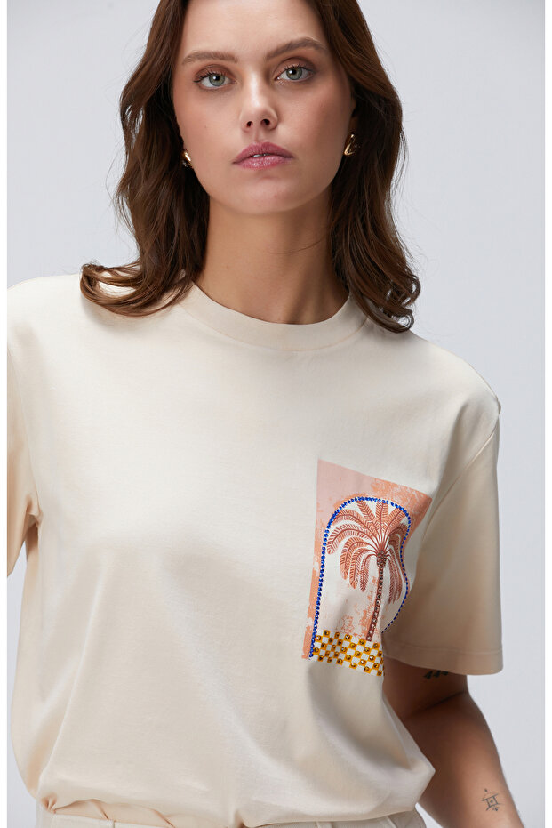 Bej Baskılı T-shirt - 2