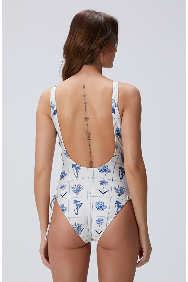 Ekru Çiçek Desenli Mayo - 5