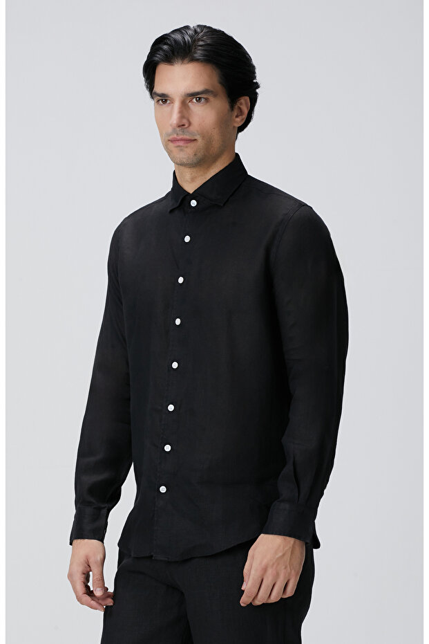 Siyah Keten Gömlek - 4
