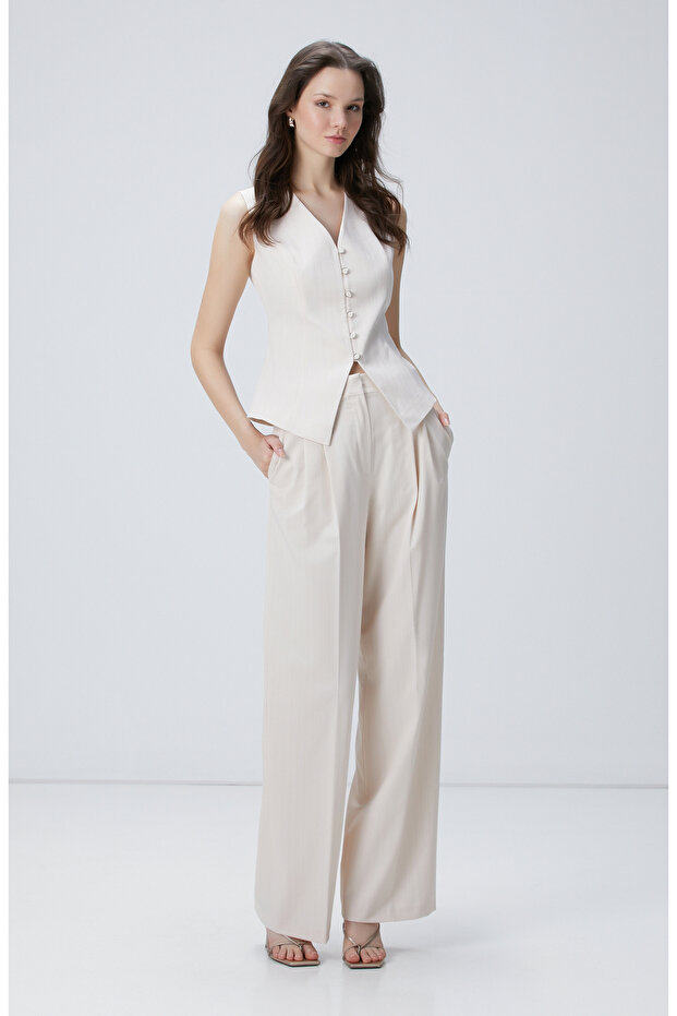 Bej Çizgili Pantolon - 1