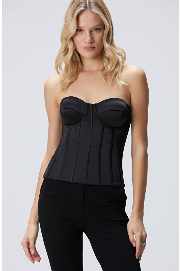 Siyah Saten Büstiyer - 3