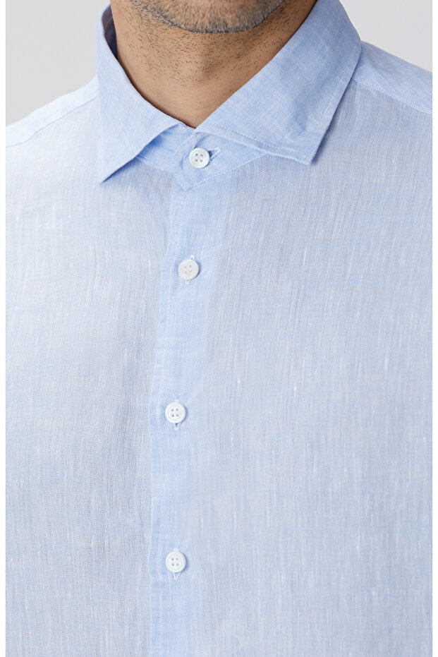 Açık Mavi Keten Gömlek - 7
