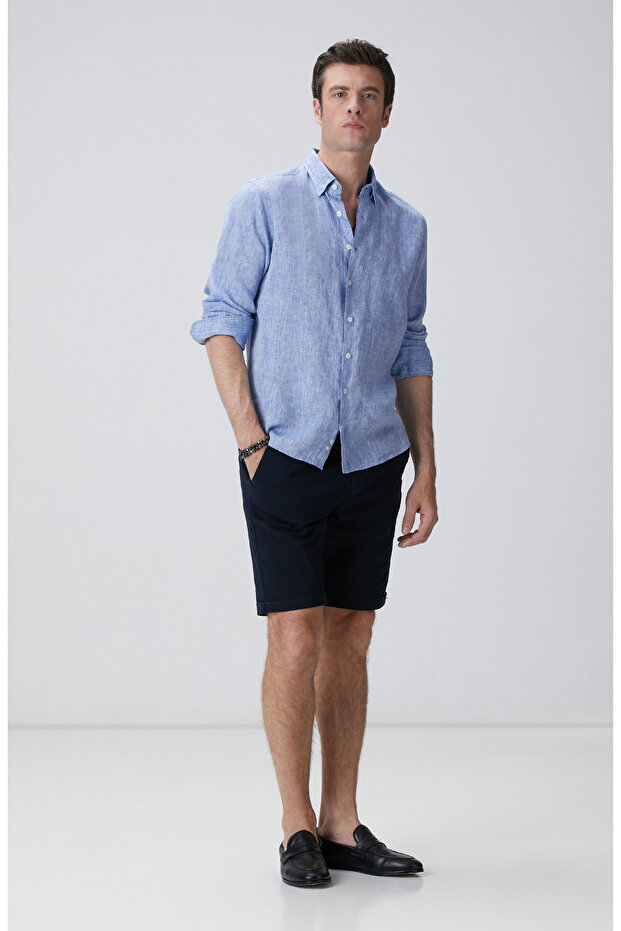 Açık Mavi Keten Gömlek - 3