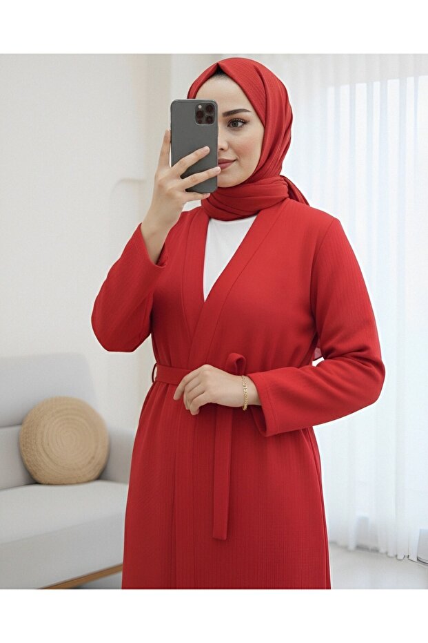 Önü Çift Bağlamalı Uzun Kap -Kırmızı - 2