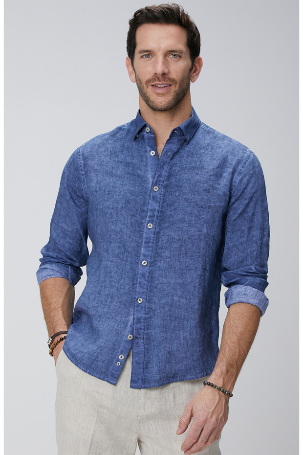 Lacivert Keten Gömlek - 1
