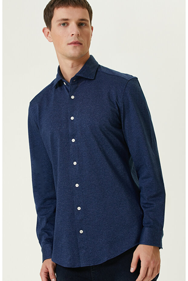 İndigo Diyagonal Örme Gömlek - 2