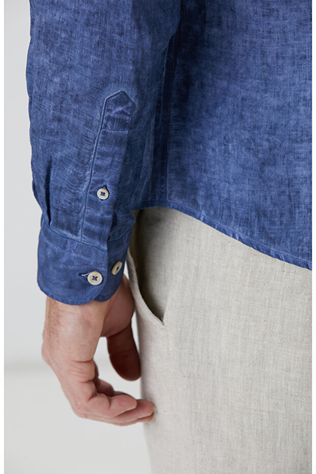 Lacivert Keten Gömlek - 8