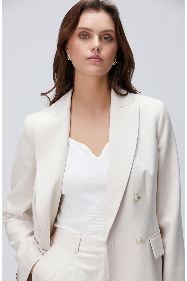 Bej Çizgili Blazer Ceket - 2