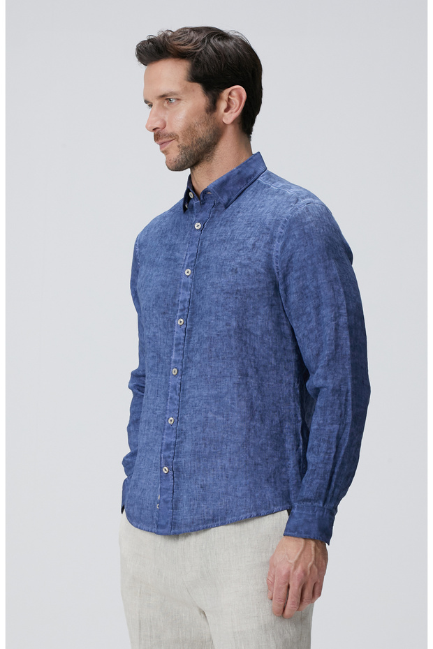 Lacivert Keten Gömlek - 5