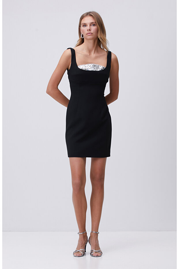 Siyah Taşlı Abiye Elbise - 3