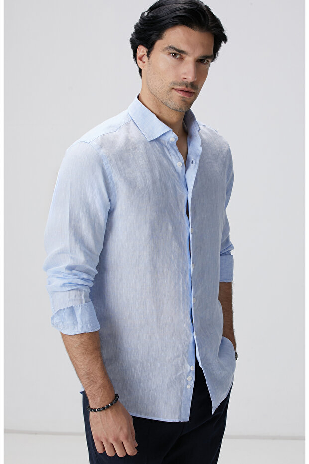Açık Mavi Keten Gömlek - 4