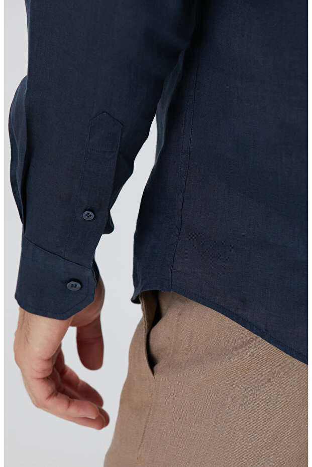 Lacivert Keten Gömlek - 7