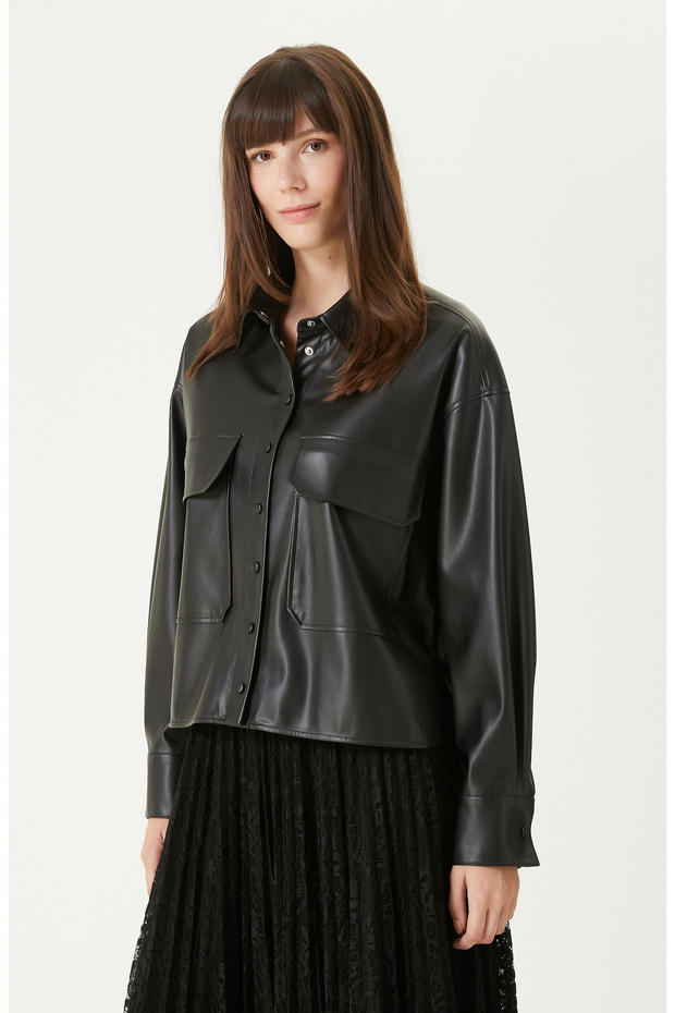 Siyah vegan Deri Gömlek - 1