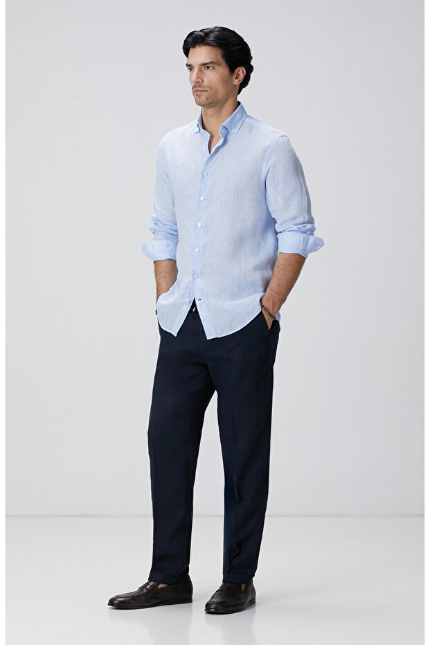 Açık Mavi Keten Gömlek - 3