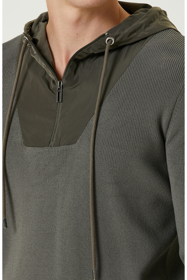 Haki Kapüşonlu Triko Kazak - 6