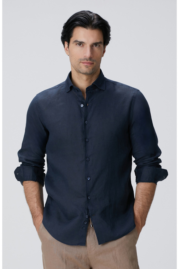 Lacivert Keten Gömlek - 1