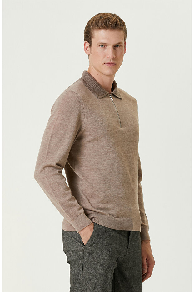 Bej Melanj Polo Yaka Fermuarlı Triko Kazak - 4