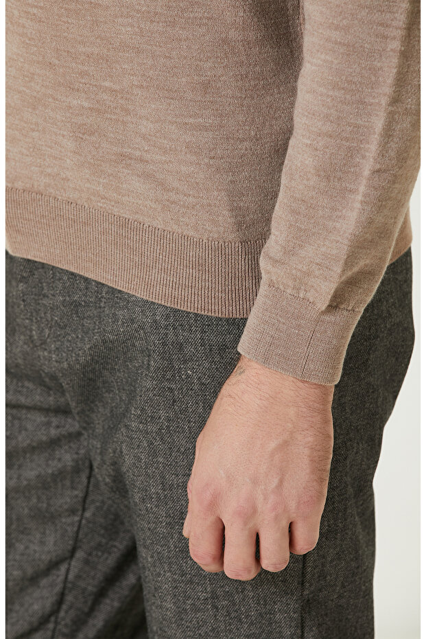 Bej Melanj Polo Yaka Fermuarlı Triko Kazak - 7