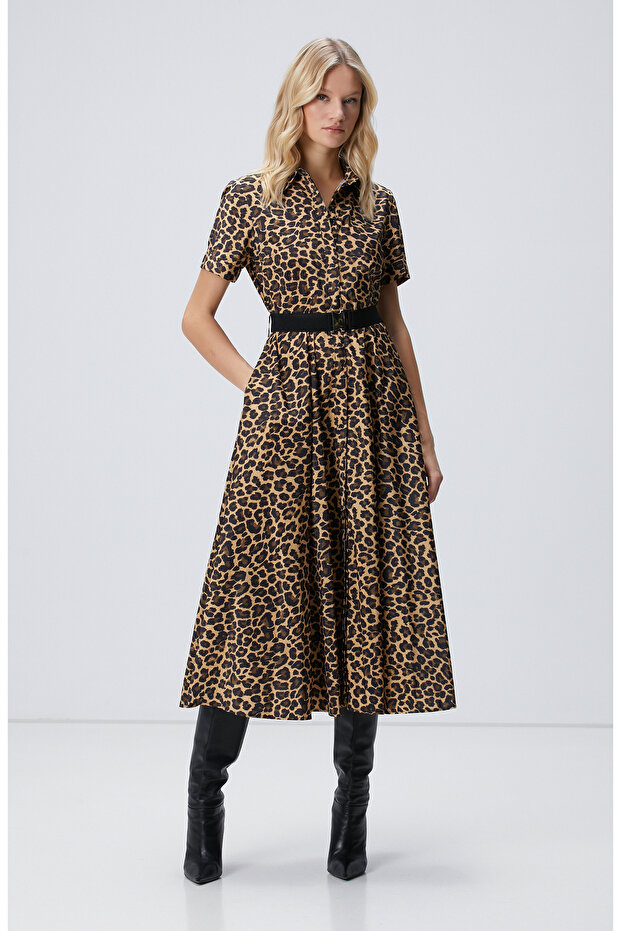 Kahverengi Camel Midi Elbise - 4