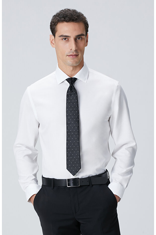 Beyaz Non-Iron Jakarlı Gömlek - 1