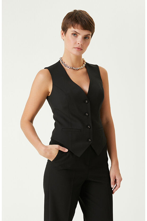 Siyah Yün Karışımlı Yelek - 4