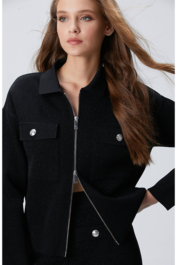 Siyah Simli Triko Ceket - 2